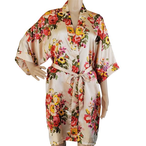 Satin Floral Women's L Dressing Robe Matching Tie Belt Knee Length - Picture 1 of 9